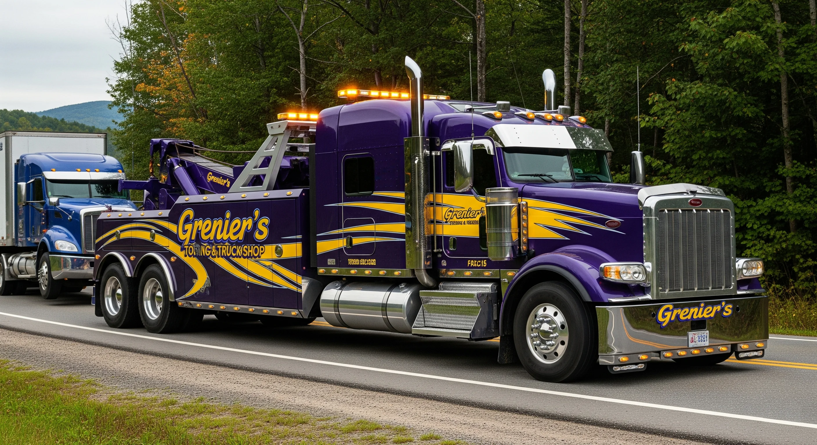 24/7 emergency heavy-duty towing for a disabled semi-truck, showcasing our rapid-response fleet.